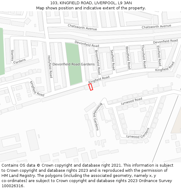 103, KINGFIELD ROAD, LIVERPOOL, L9 3AN: Location map and indicative extent of plot