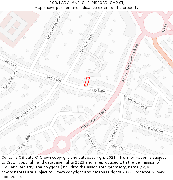 103, LADY LANE, CHELMSFORD, CM2 0TJ: Location map and indicative extent of plot