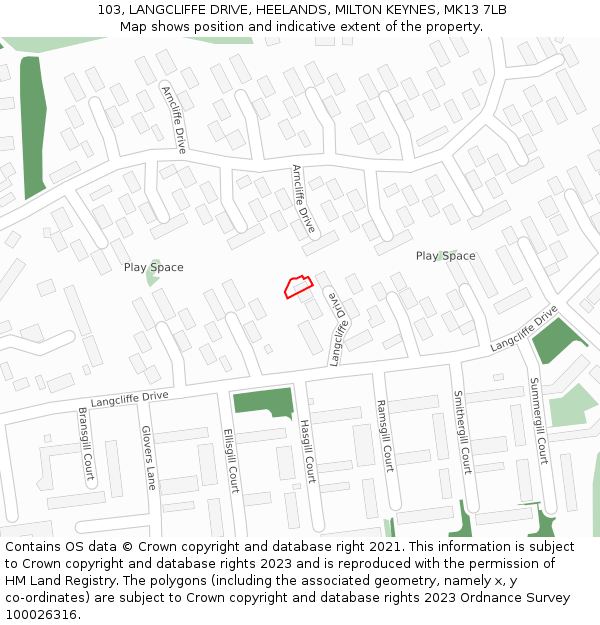 103, LANGCLIFFE DRIVE, HEELANDS, MILTON KEYNES, MK13 7LB: Location map and indicative extent of plot