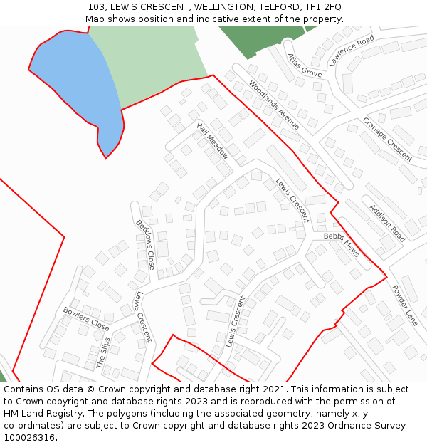 103, LEWIS CRESCENT, WELLINGTON, TELFORD, TF1 2FQ: Location map and indicative extent of plot