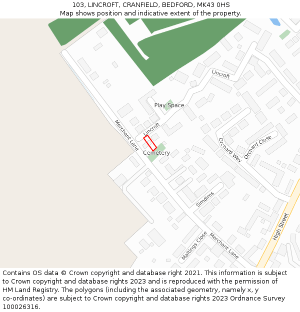 103, LINCROFT, CRANFIELD, BEDFORD, MK43 0HS: Location map and indicative extent of plot