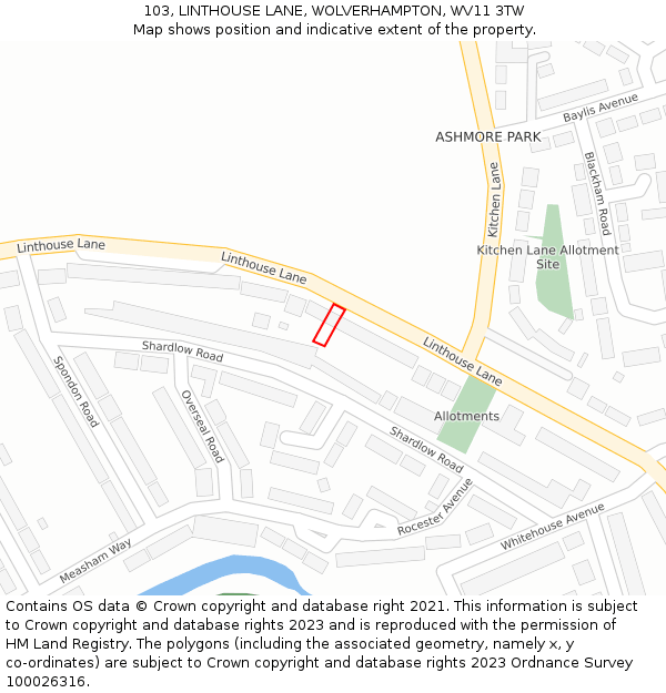 103, LINTHOUSE LANE, WOLVERHAMPTON, WV11 3TW: Location map and indicative extent of plot