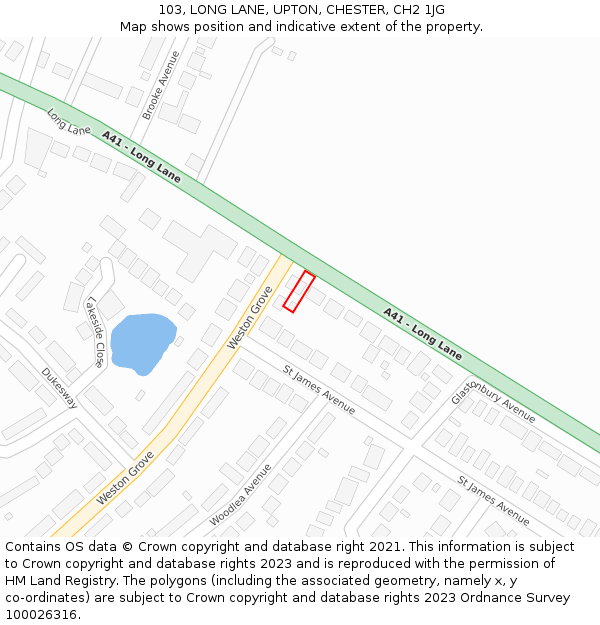 103, LONG LANE, UPTON, CHESTER, CH2 1JG: Location map and indicative extent of plot