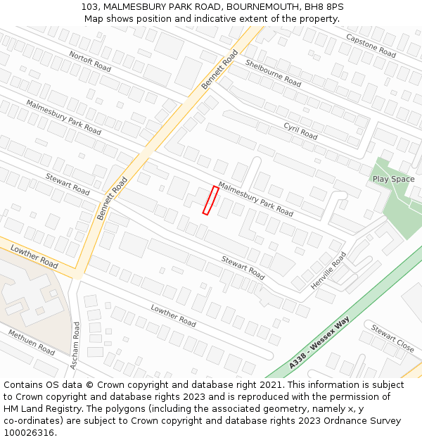 103, MALMESBURY PARK ROAD, BOURNEMOUTH, BH8 8PS: Location map and indicative extent of plot