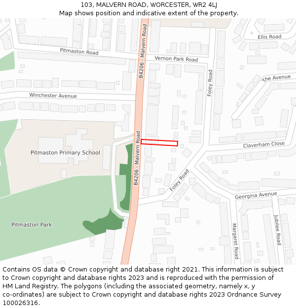 103, MALVERN ROAD, WORCESTER, WR2 4LJ: Location map and indicative extent of plot