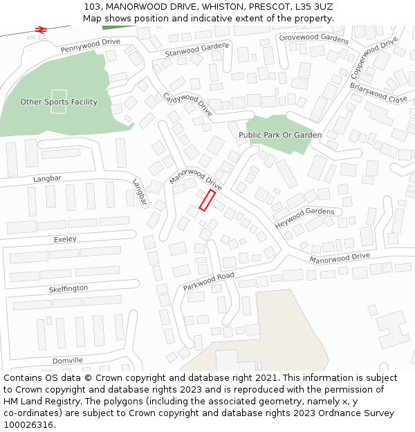 103, MANORWOOD DRIVE, WHISTON, PRESCOT, L35 3UZ: Location map and indicative extent of plot