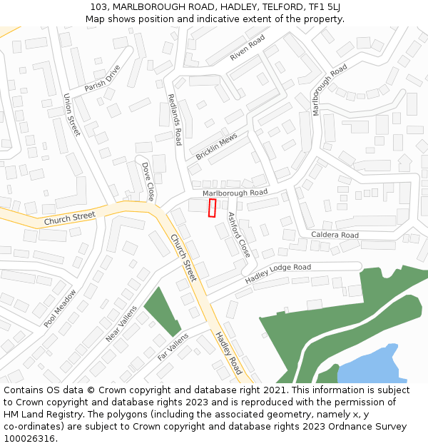 103, MARLBOROUGH ROAD, HADLEY, TELFORD, TF1 5LJ: Location map and indicative extent of plot