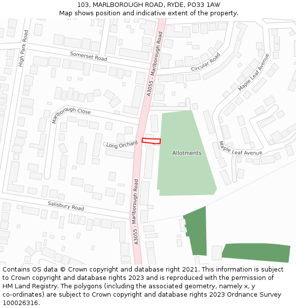 103, MARLBOROUGH ROAD, RYDE, PO33 1AW: Location map and indicative extent of plot