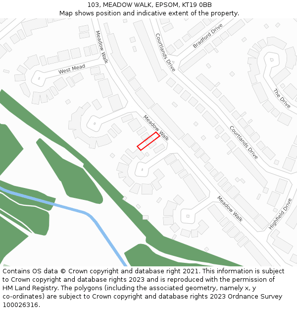 103, MEADOW WALK, EPSOM, KT19 0BB: Location map and indicative extent of plot