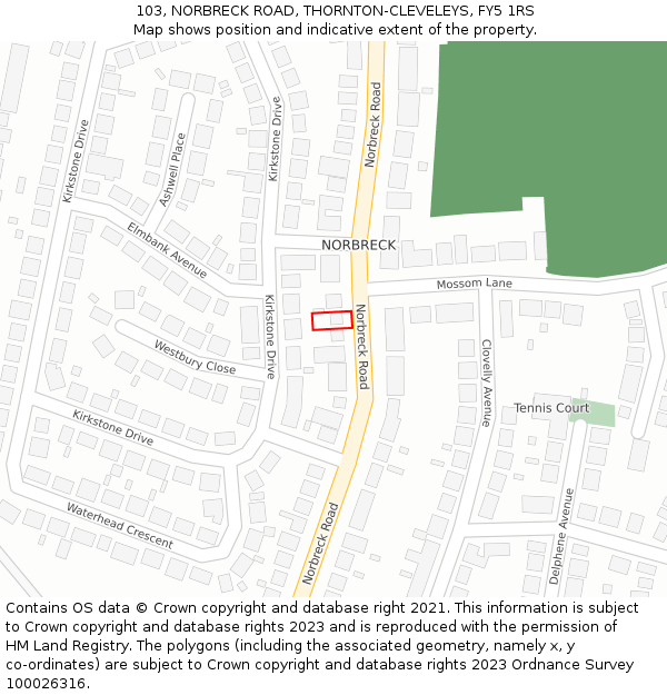 103, NORBRECK ROAD, THORNTON-CLEVELEYS, FY5 1RS: Location map and indicative extent of plot