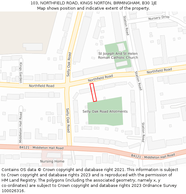 103, NORTHFIELD ROAD, KINGS NORTON, BIRMINGHAM, B30 1JE: Location map and indicative extent of plot