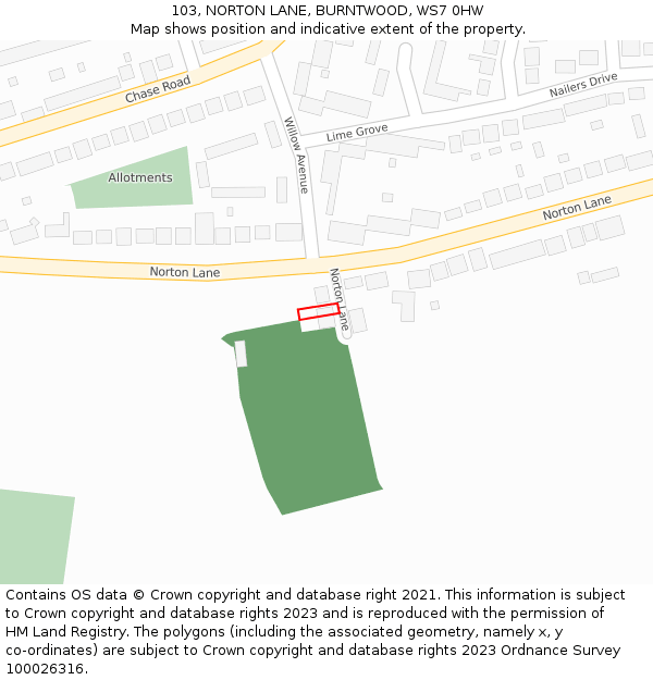 103, NORTON LANE, BURNTWOOD, WS7 0HW: Location map and indicative extent of plot