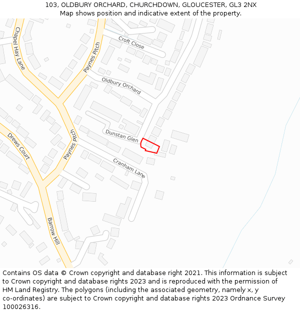 103, OLDBURY ORCHARD, CHURCHDOWN, GLOUCESTER, GL3 2NX: Location map and indicative extent of plot