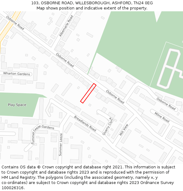 103, OSBORNE ROAD, WILLESBOROUGH, ASHFORD, TN24 0EG: Location map and indicative extent of plot