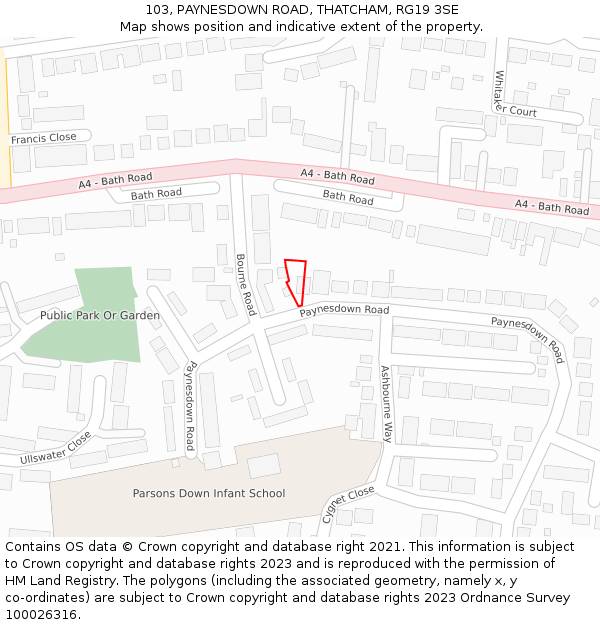 103, PAYNESDOWN ROAD, THATCHAM, RG19 3SE: Location map and indicative extent of plot