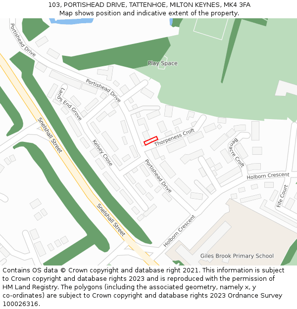 103, PORTISHEAD DRIVE, TATTENHOE, MILTON KEYNES, MK4 3FA: Location map and indicative extent of plot