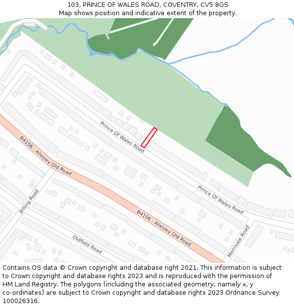 103, PRINCE OF WALES ROAD, COVENTRY, CV5 8GS: Location map and indicative extent of plot