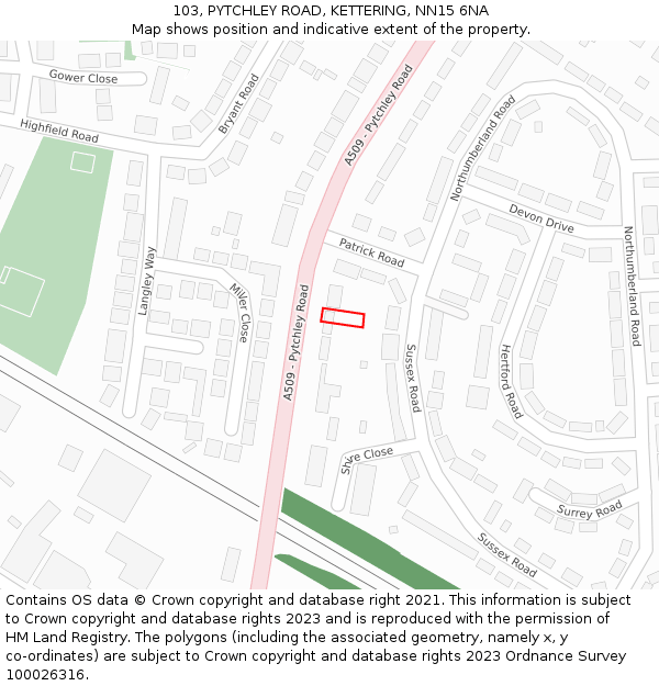 103, PYTCHLEY ROAD, KETTERING, NN15 6NA: Location map and indicative extent of plot