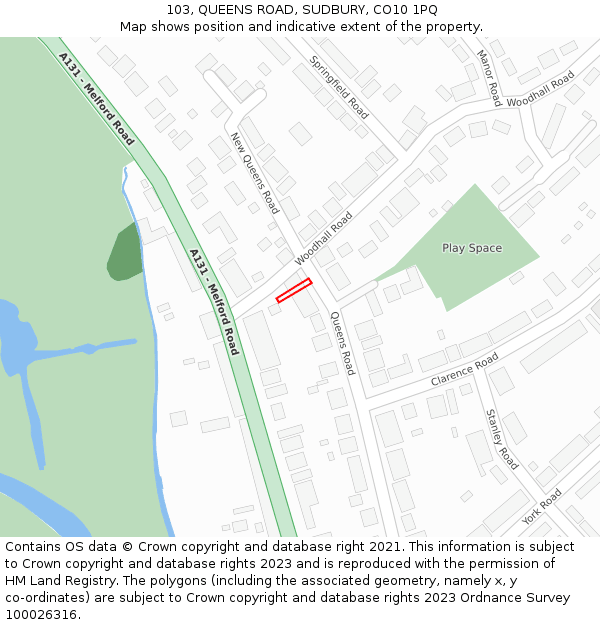 103, QUEENS ROAD, SUDBURY, CO10 1PQ: Location map and indicative extent of plot