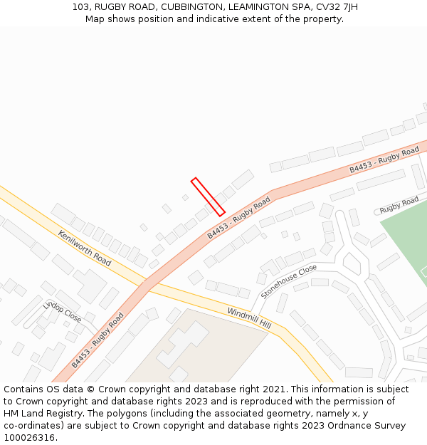 103, RUGBY ROAD, CUBBINGTON, LEAMINGTON SPA, CV32 7JH: Location map and indicative extent of plot