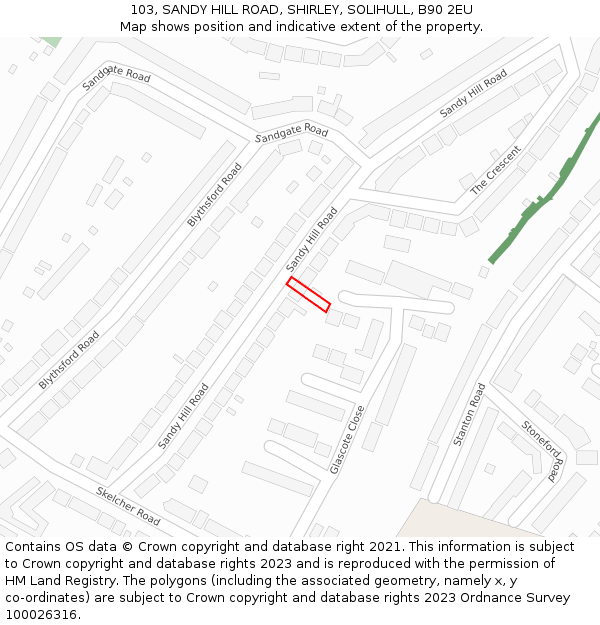 103, SANDY HILL ROAD, SHIRLEY, SOLIHULL, B90 2EU: Location map and indicative extent of plot