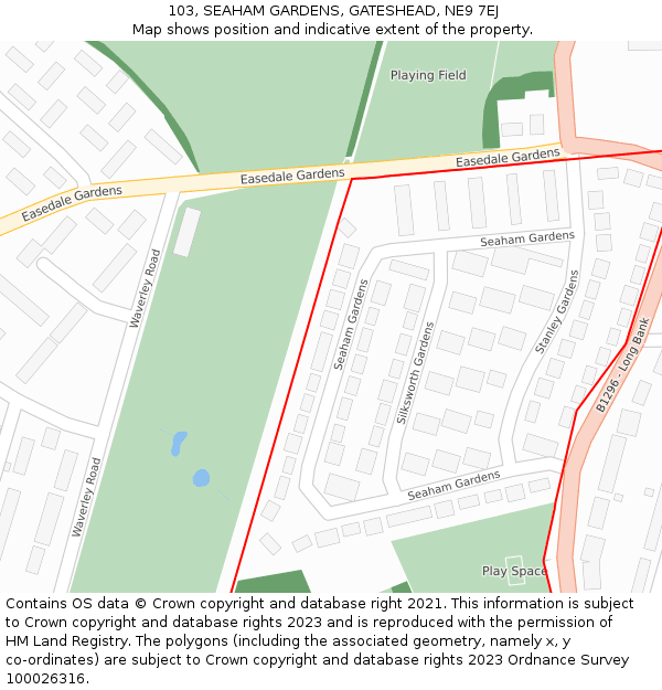 103, SEAHAM GARDENS, GATESHEAD, NE9 7EJ: Location map and indicative extent of plot