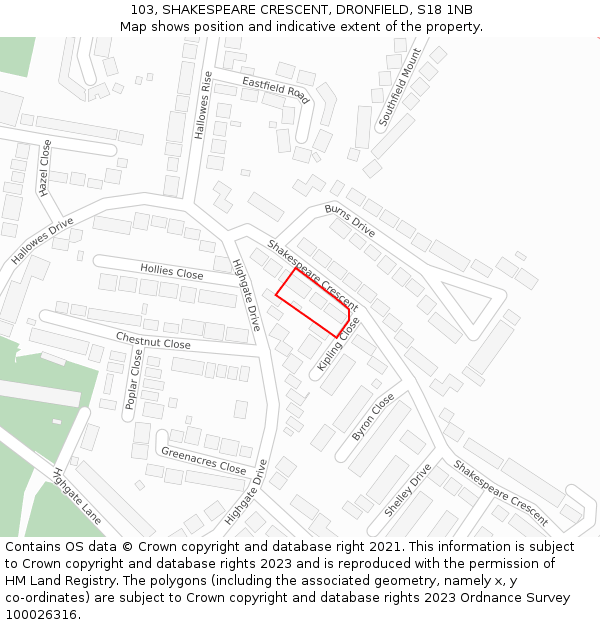 103, SHAKESPEARE CRESCENT, DRONFIELD, S18 1NB: Location map and indicative extent of plot