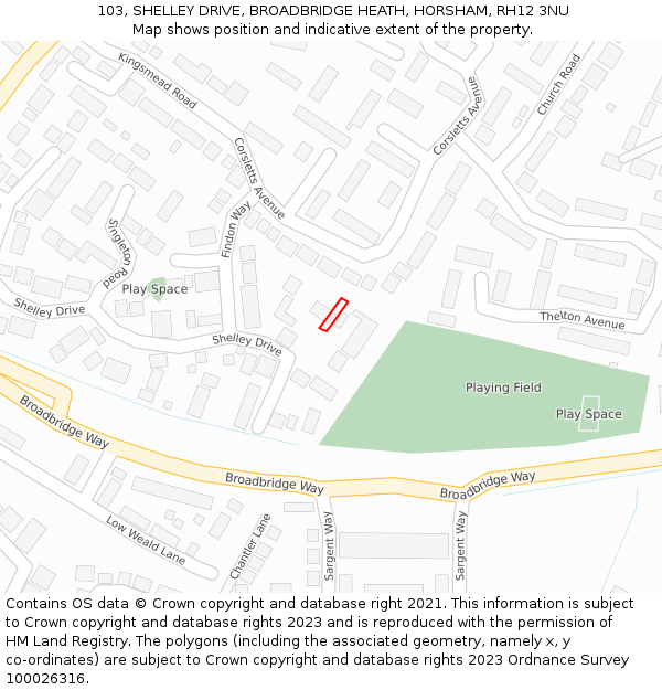 103, SHELLEY DRIVE, BROADBRIDGE HEATH, HORSHAM, RH12 3NU: Location map and indicative extent of plot