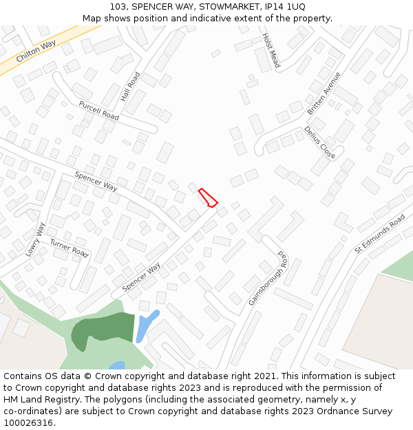 103, SPENCER WAY, STOWMARKET, IP14 1UQ: Location map and indicative extent of plot