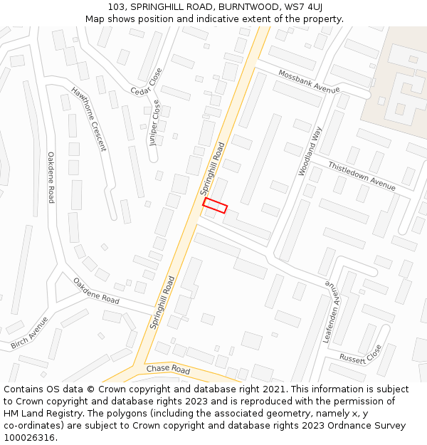 103, SPRINGHILL ROAD, BURNTWOOD, WS7 4UJ: Location map and indicative extent of plot