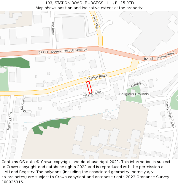 103, STATION ROAD, BURGESS HILL, RH15 9ED: Location map and indicative extent of plot