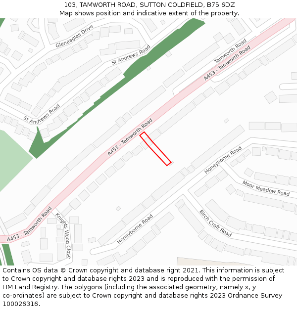 103, TAMWORTH ROAD, SUTTON COLDFIELD, B75 6DZ: Location map and indicative extent of plot