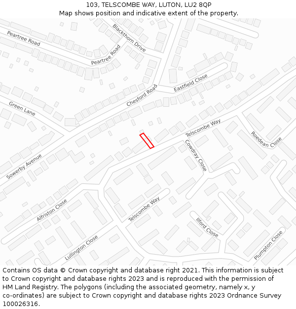 103, TELSCOMBE WAY, LUTON, LU2 8QP: Location map and indicative extent of plot