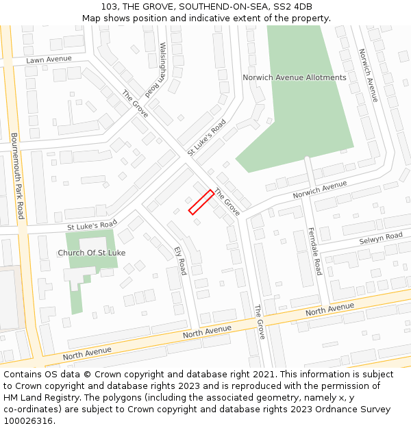103, THE GROVE, SOUTHEND-ON-SEA, SS2 4DB: Location map and indicative extent of plot