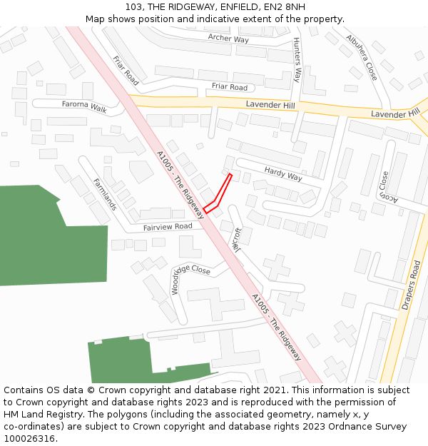 103, THE RIDGEWAY, ENFIELD, EN2 8NH: Location map and indicative extent of plot