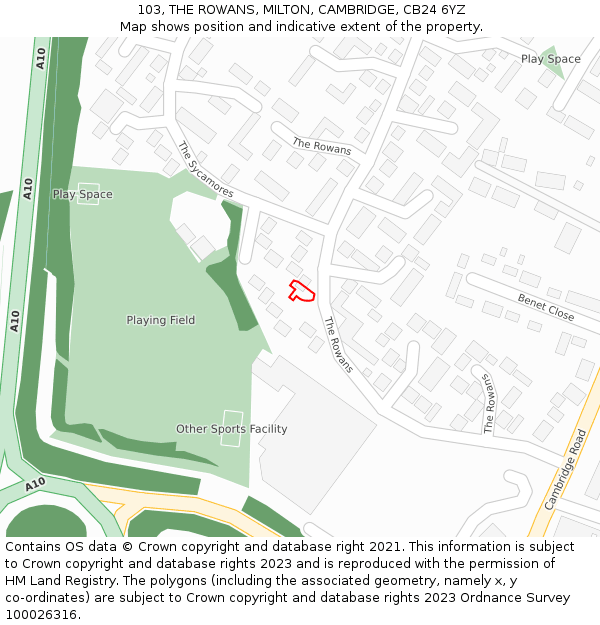 103, THE ROWANS, MILTON, CAMBRIDGE, CB24 6YZ: Location map and indicative extent of plot