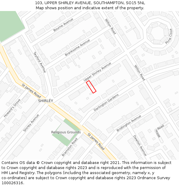 103, UPPER SHIRLEY AVENUE, SOUTHAMPTON, SO15 5NL: Location map and indicative extent of plot