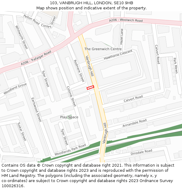 103, VANBRUGH HILL, LONDON, SE10 9HB: Location map and indicative extent of plot
