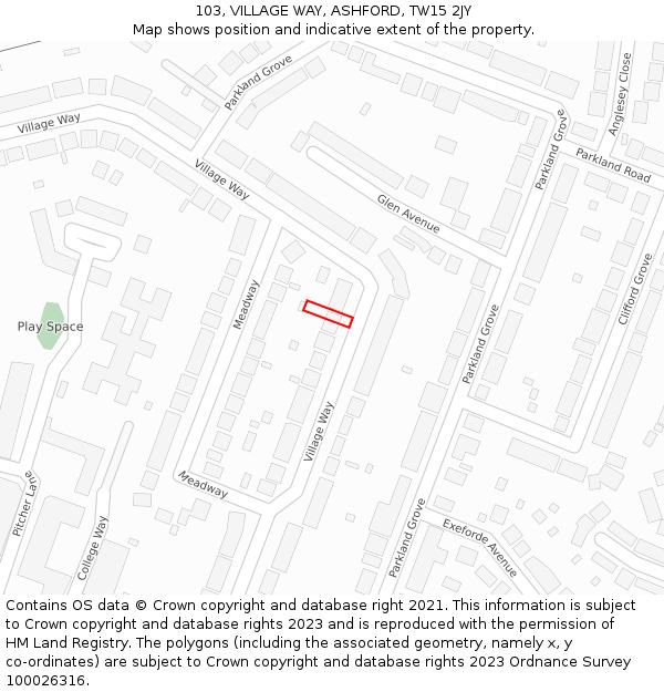 103, VILLAGE WAY, ASHFORD, TW15 2JY: Location map and indicative extent of plot