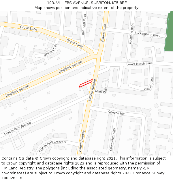 103, VILLIERS AVENUE, SURBITON, KT5 8BE: Location map and indicative extent of plot