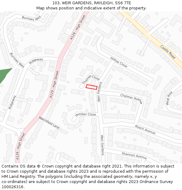 103, WEIR GARDENS, RAYLEIGH, SS6 7TE: Location map and indicative extent of plot