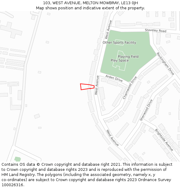 103, WEST AVENUE, MELTON MOWBRAY, LE13 0JH: Location map and indicative extent of plot