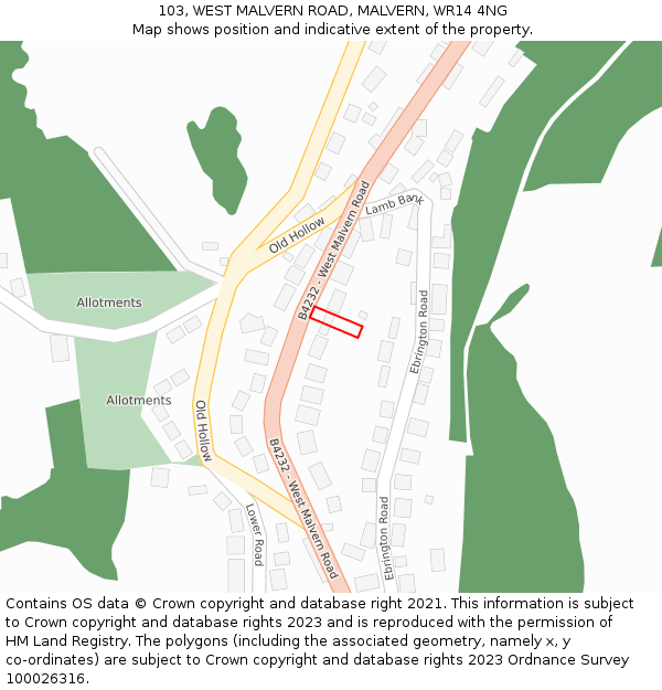 103, WEST MALVERN ROAD, MALVERN, WR14 4NG: Location map and indicative extent of plot