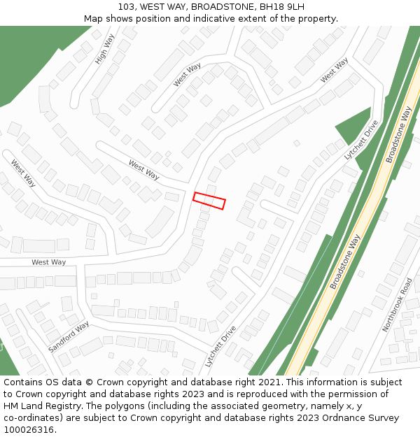 103, WEST WAY, BROADSTONE, BH18 9LH: Location map and indicative extent of plot