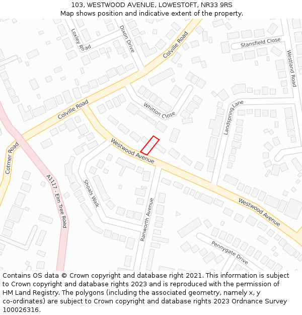 103, WESTWOOD AVENUE, LOWESTOFT, NR33 9RS: Location map and indicative extent of plot