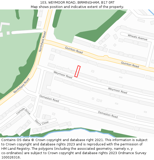 103, WEYMOOR ROAD, BIRMINGHAM, B17 0RT: Location map and indicative extent of plot