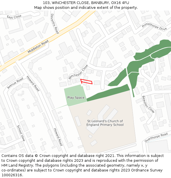 103, WINCHESTER CLOSE, BANBURY, OX16 4FU: Location map and indicative extent of plot