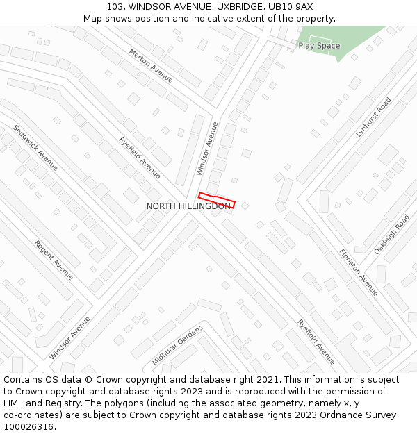 103, WINDSOR AVENUE, UXBRIDGE, UB10 9AX: Location map and indicative extent of plot