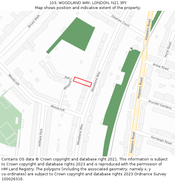 103, WOODLAND WAY, LONDON, N21 3PY: Location map and indicative extent of plot