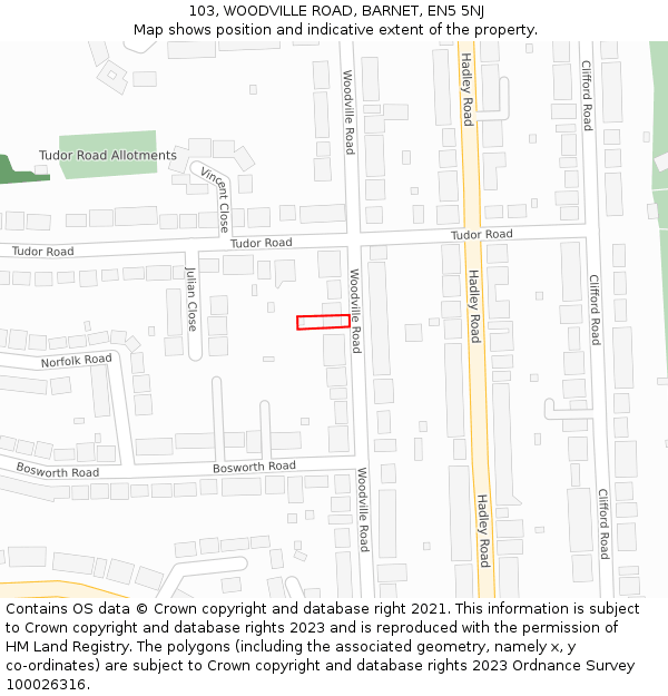 103, WOODVILLE ROAD, BARNET, EN5 5NJ: Location map and indicative extent of plot